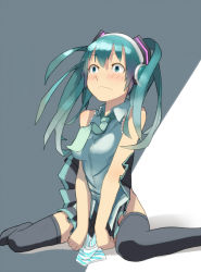 Rule 34 | 1girl, bare shoulders, blush, clothes lift, grey background, hatsune miku, headphones, holding, holding clothes, holding panties, holding underwear, necktie, no panties, panties, proyumer, simple background, sitting, skirt, skirt lift, sleeveless, solo, striped clothes, striped panties, surprised, underwear, v arms, vocaloid, wariza, white background, wind, wind lift