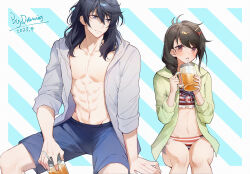Rule 34 | 1boy, 1girl, absurdres, alternate hairstyle, antenna hair, artist name, bikini, black hair, blue background, blue eyes, blue shorts, blush, border, bow, braid, brown eyes, brown hair, collarbone, commentary, cup, dated, drawing (23518), drinking, drinking straw, drinking straw in mouth, frilled bikini, frills, green jacket, hair between eyes, hair bun, hair ornament, hairclip, highres, holding, holding cup, invisible chair, iwato suzume, jacket, long hair, looking at viewer, medium hair, munakata souta, navel, open clothes, open jacket, pectorals, red bikini, red bow, shadow, shorts, sidelocks, signature, single side bun, sitting, smile, stomach, striped bikini, striped bow, striped clothes, suzume no tojimari, swimsuit, two-tone background, white background, white bikini, white border