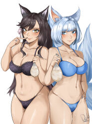 Rule 34 | 2girls, absurdres, animal ears, atago (azur lane), azur lane, bare shoulders, barefoot, black bra, black hair, black panties, blue bra, blue eyes, blue hair, blue panties, blush, bra, breasts, cleavage, collarbone, commentary, condom, cowboy shot, cum, deliciousbrain, fox ears, highres, holding, kaga (azur lane), large breasts, long hair, looking at viewer, multiple girls, navel, panties, simple background, smile, standing, stomach, thighs, underwear, used condom, very long hair, white background, yellow eyes