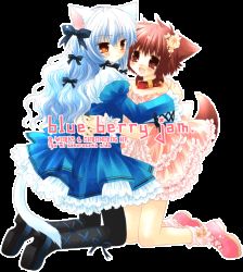 Rule 34 | 2girls, :d, animal ears, bare shoulders, blueberry jam, blush, bow, cat ears, cat tail, child, collar, crossover, dog ears, dog tail, dress, fang, flat chest, flower, frills, hair bow, hair flower, hair ornament, hinata (pure pure), holding, hug, kneeling, lily (wanko to lily), lolita fashion, long hair, looking back, multiple girls, multiple hair bows, official art, open mouth, orange eyes, pantyhose, pink eyes, pink hair, pure pure, red hair, ribbon, sakurazawa izumi, shoes, short dress, short hair, smile, socks, sweet lolita, tail, text focus, transparent background, wanko to lily, wavy hair, white hair