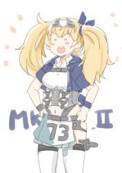 Rule 34 | 1girl, = =, absurdres, blonde hair, blue jacket, breasts, closed eyes, commentary request, cowboy shot, cropped jacket, enjaku izuku, gambier bay (kancolle), gambier bay mk ii (kancolle), hairband, highres, jacket, kantai collection, large breasts, midriff, open mouth, pleated skirt, round teeth, skirt, smile, solo, teeth, thighhighs, twintails, upper teeth only, white background, white thighhighs