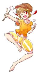 Rule 34 | 1girl, ;d, alphes (style), animal ears, barefoot, blonde hair, rabbit ears, dairi, dango, flat cap, floppy ears, food, full body, hair between eyes, hat, holding, holding food, looking at viewer, midriff, navel, one eye closed, open mouth, orange shirt, outstretched arm, parody, pointing, red eyes, ringo (touhou), shirt, short hair, short sleeves, shorts, skewer, smile, solo, style parody, tachi-e, tareme, touhou, transparent background, wagashi, yellow shirt