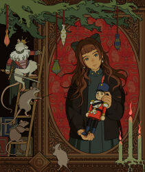 Rule 34 | 1girl, 5boys, absurdres, brown hair, candle, christmas, christmas ornaments, christmas tree, climbing, collar, crown, earrings, frilled collar, frills, grey eyes, highres, holding, holding needle, holding sword, holding weapon, jewelry, ladder, long hair, looking at object, looking at viewer, mouse (animal), mouse king, multiple boys, needle, needle sword, nutcracker, portrait (object), red eyes, sarakipin, sword, the nutcracker, thimble, weapon