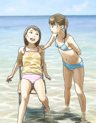 Rule 34 | 2girls, arms behind back, bikini, brown hair, camisole, chair, flat chest, legs, multiple girls, ocean, open mouth, original, short hair, short twintails, sitting, soaking feet, striped bikini, striped clothes, swimsuit, tnt (aaaazzzz), twintails, wading, water