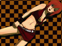 Rule 34 | 1girl, breasts, brown hair, checkered background, clothes pull, female focus, german yajirobee, lips, meiko (vocaloid), midriff, panties, red theme, short hair, skirt, skirt pull, solo, tattoo, underwear, vocaloid