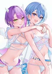 Rule 34 | 2girls, :d, bare shoulders, bikini, blue eyes, blue hair, blue nails, blush, bow, bow earrings, breasts, demon girl, demon horns, demon tail, demon wings, ear piercing, earrings, green eyes, hair between eyes, heart, heart tattoo, highres, hip tattoo, hololive, horns, hoshimachi suisei, jewelry, looking at viewer, multiple girls, multiple piercings, navel, navel piercing, open mouth, piercing, pointy ears, purple hair, purple nails, sanada keisui, short hair, small breasts, smile, star (symbol), star in eye, stomach, swimsuit, symbol in eye, tail, tattoo, teeth, thighs, tokoyami towa, tongue, tongue out, upper teeth only, virtual youtuber, white bikini, wings