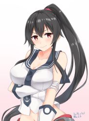 Rule 34 | 1girl, 2018, anchor print, bare arms, black hair, blush, breast lift, breasts, cleavage, collarbone, dated, elbow gloves, gloves, hair between eyes, hand on own arm, highres, ibuki grunt, kantai collection, large breasts, long hair, looking at viewer, midriff, navel, ponytail, red eyes, red skirt, sailor collar, scrunchie, simple background, skirt, smile, solo, twitter username, upper body, very long hair, white background, yahagi (kancolle)