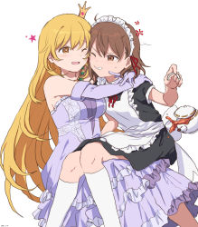 Rule 34 | + -, 2girls, absurdres, alternate costume, anger vein, apron, arms around neck, bare shoulders, black dress, blonde hair, breasts, bright pupils, brown eyes, brown hair, cheek-to-cheek, clenched teeth, commentary request, crown, dated, dress, elbow gloves, enmaided, female focus, gloves, hair between eyes, heads together, highres, hug, kneehighs, large breasts, light blush, long dress, long hair, maid, maid apron, maid headdress, mini crown, misaka mikoto, multiple girls, one eye closed, open mouth, parted lips, purple dress, purple gloves, shokuhou misaki, short hair, sitting, sitting on lap, sitting on person, small breasts, socks, sparkle, sparkling eyes, spill, star (symbol), sweatdrop, symbol-shaped pupils, takatisakana, tea, teapot, teeth, toaru kagaku no railgun, toaru majutsu no index, very long hair, white background, white pupils, white socks
