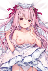 Rule 34 | 1girl, :d, bare shoulders, bed sheet, blush, breasts, breasts out, bridal veil, clothes lift, clothes pull, collarbone, dakimakura (medium), dress, dress lift, dress pull, flower, frilled dress, frills, garter straps, groin, hair between eyes, hair flower, hair ornament, hair ribbon, hairclip, highres, hisama kumako, jewelry, lace-trimmed veil, lace trim, long hair, looking at viewer, lying, nail polish, nipples, on back, on bed, open mouth, original, panties, pink hair, pink nails, pleated dress, red eyes, red ribbon, ribbon, ring, ringlets, small breasts, smile, solo, underwear, veil, very long hair, wedding dress, white dress, white panties