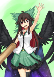 Rule 34 | 1girl, absurdres, abyss arts, arm cannon, arm up, armpits, bird wings, black hair, black thighhighs, black wings, blush, bow, breasts, cape, collared shirt, colored inner hair, commentary request, control rod, cowboy shot, frilled skirt, frills, green background, green bow, green skirt, hair between eyes, hair bow, highres, large breasts, long hair, looking at viewer, multicolored hair, open mouth, ponytail, red eyes, red hair, reiuji utsuho, shirt, single thighhigh, skirt, sleeveless, sleeveless shirt, smile, solo, starry sky print, thighhighs, third eye, touhou, two-tone hair, weapon, white cape, white shirt, wings