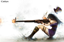 Rule 34 | 1girl, black hair, blue eyes, boots, caitlyn (league of legends), casing ejection, character name, firing, gloves, gun, hat, highres, league of legends, lips, long hair, muzzle flash, nose, rifle, shell casing, skirt, solo, squatting, thigh strap, weapon, zhang xiao bo