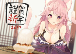 Rule 34 | 1girl, 2017, :q, animal ears, bad id, bad pixiv id, bare shoulders, blurry, blush, breasts, cat ears, cat tail, cleavage, closed mouth, collarbone, commentary, depth of field, dutch angle, food, grill, hair flaps, happy new year, indoors, large breasts, long hair, multiple tails, nekomata, nengajou, new year, original, pink hair, red eyes, solo, star-shaped pupils, star (symbol), symbol-shaped pupils, tail, tongue, tongue out, two tails, yuui hutabakirage