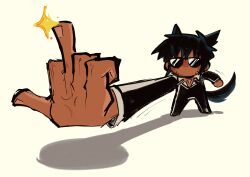 Rule 34 | 1boy, absurdres, animal ears, black hair, black jacket, black pants, brown background, chibi, cross, cross necklace, dog boy, dog ears, full body, hand up, highres, jacket, jewelry, long sleeves, looking at viewer, male focus, middle finger, necklace, nicholas d. wolfwood, pants, sarcasticmoths, short hair, simple background, solo, sunglasses, tail, trigun
