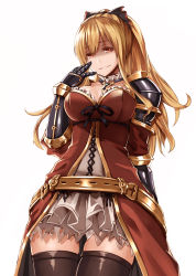 Rule 34 | 10s, 1girl, arm at side, armor, bare shoulders, black ribbon, blonde hair, breasts, brown thighhighs, cleavage, cowboy shot, dress, empty eyes, essa sazhka, from below, gauntlets, granblue fantasy, hair between eyes, hair ornament, hair ribbon, hand on own face, highres, large breasts, lips, long hair, looking at viewer, pauldrons, ponytail, red eyes, ribbon, shaded face, short dress, shoulder armor, smile, solo, thighhighs, thighs, vira (granblue fantasy)