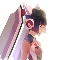 Rule 34 | 1girl, absurdres, black hair, blunt bangs, breasts, brown eyes, closed mouth, highres, nyanmaru, senki zesshou symphogear, short hair, simple background, sleeveless, small breasts, solo, tsukuyomi shirabe, upper body, white background