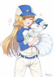 Rule 34 | 1girl, ;d, alolan form, alolan vulpix, artist name, bad id, bad pixiv id, ball, baseball, baseball cap, baseball uniform, belt, belt buckle, blonde hair, blue belt, blunt bangs, blush, braid, buckle, commentary request, cowboy shot, creatures (company), dated, ears through headwear, flat chest, french braid, game freak, gen 7 pokemon, green eyes, hat, heart, highres, holding, holding ball, legs apart, lillie (pokemon), long hair, long sleeves, looking at another, neps-l, nintendo, one eye closed, open mouth, pants, poke ball print, pokemon, pokemon (anime), pokemon (creature), pokemon sm (anime), shirt, simple background, smile, sportswear, standing, tareme, very long hair, white background, white pants
