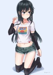 Rule 34 | 1girl, alternate costume, arm warmers, asashio (kancolle), black hair, black shorts, black thighhighs, blue background, blue eyes, casual, character name, cutoff, full body, highres, kantai collection, kneeling, long hair, looking to the side, midriff, navel, shirt, short shorts, short sleeves, shorts, simple background, solo, sugue tettou, t-shirt, thighhighs, white shirt