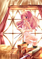 Rule 34 | 00s, 1girl, artist request, ass, black thighhighs, blush, camisole, highres, holding, holding wand, lingerie, louise francoise le blanc de la valliere, lowleg, lowleg panties, panties, pink eyes, pink hair, side-tie panties, solo, strap slip, sword, thighhighs, underwear, underwear only, wand, weapon, white panties, zero no tsukaima