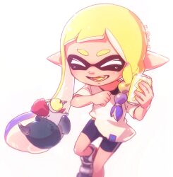 Rule 34 | 1girl, artist name, atu, bike shorts, black shorts, blonde hair, blunt bangs, blush, braid, can, clenched hand, closed eyes, colored tongue, commentary request, fangs, gradient hair, hands up, holding, holding can, inkling, inkling girl, inkling player character, leg up, long hair, multicolored hair, nintendo, open mouth, pointy ears, purple hair, shirt, shoes, short eyebrows, short shorts, short sleeves, shorts, side braid, sidelocks, simple background, single braid, smallfry (splatoon), smile, sneakers, splatoon (series), splatoon 3, standing, standing on one leg, t-shirt, teeth, tentacle hair, tongue, twitter username, very long hair, white background, white shirt, yellow tongue
