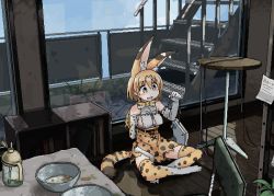 Rule 34 | 1girl, animal ears, animal print, blonde hair, bow, bowl, bowtie, center opening, chair, commentary, day, dirty, extra ears, full body, gloves, high-waist skirt, holding, i love serval, indoors, kemono friends, looking at object, oekaki, open mouth, phone, print bow, print bowtie, print gloves, print neckwear, print skirt, railing, serval (kemono friends), serval print, serval tail, shirt, sitting, skirt, sleeveless, sleeveless shirt, smile, solo, stairs, table, tail, thighhighs, traditional bowtie, window, yellow eyes, zettai ryouiki