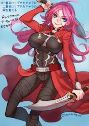 Rule 34 | 10s, 1girl, archer (fate), archer (fate) (cosplay), blue background, breasts, cosplay, dogdogdog, dual wielding, fate/extra, fate/stay night, fate (series), female focus, francis drake (fate), gradient background, holding, large breasts, lipstick, long hair, makeup, pink hair, scar, solo, sword, twitter username, weapon