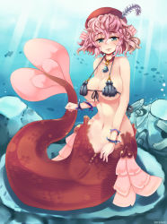 Rule 34 | 1girl, air bubble, bad id, bad pixiv id, bare shoulders, beret, bikini, black bikini, bottomless, bracelet, breasts, bubble, choker, cleavage, clenched hand, collar, colored skin, coral, creatures (company), crossover, curvy, dated, feathers, fins, fish, front-tie bikini top, front-tie top, full body, game freak, gen 3 pokemon, green eyes, groin, hair between eyes, hat, hat feather, head fins, hip focus, jewelry, large breasts, light rays, light smile, looking at viewer, mermaid, merrow, messy hair, metagross, micro bikini, mole, mole under eye, monster girl, monster girl encyclopedia, narrow waist, navel, nintendo, ocean, outdoors, parted lips, pendant, pink hair, pokemon, pokemon (creature), red skin, scales, seashell, shell, shell bikini, short hair, sideboob, smile, solo, strap gap, sunbeam, sunlight, swimsuit, tail, tinpam, underboob, underwater, water, wide hips