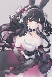 Rule 34 | 1girl, absurdres, animal ears, bare shoulders, black dress, black gloves, black hair, bow, breasts, cleavage, closed mouth, collarbone, dress, drill hair, elbow gloves, flower, frilled dress, frills, gloves, hair bow, hair ornament, hairband, highres, jewelry, lace trim, long hair, looking at viewer, medium breasts, mole, mole on breast, mole under eye, multicolored hair, original, pink hair, rabbit ears, red eyes, ring, rose, simple background, smile, solo, streaked hair, twitter username, two side up, usanta