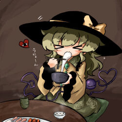 Rule 34 | &gt; &lt;, 1girl, black hat, blouse, blush, bow, brown background, buttons, chopsticks, closed eyes, diamond button, eating, eyeball, floral print, food, frilled shirt collar, frilled sleeves, frills, green hair, green skirt, hat, hat bow, hat ribbon, heart, heripantomorrow, holding, holding chopsticks, komeiji koishi, long sleeves, medium hair, plate, ribbon, rose print, shirt, sidelocks, simple background, sitting, skirt, smile, solo, soup, table, third eye, touhou, wavy hair, wide sleeves, yellow bow, yellow ribbon, yellow shirt