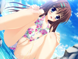 Rule 34 | 1girl, bikini, bikini bottom aside, blue eyes, blush, breasts, brown hair, clothing aside, cloud, double bun, floral print, foreshortening, frilled bikini, frills, front-tie top, hair bun, hair ornament, hairclip, hands on own knees, hinamatsuri touko, imouto smile, light rays, long hair, looking at viewer, open mouth, outdoors, partially submerged, peeing, print bikini, pussy, rock, scan, side-tie bikini bottom, sky, small breasts, solo, sparkle, splashing, squatting, sunbeam, sunlight, swimsuit, swimsuit aside, touno haruna, uncensored, urethra, wading, water, wet, white bikini