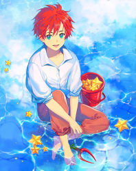 Rule 34 | 1boy, barefoot, bucket, caustics, collared shirt, commentary, english commentary, from above, full body, green eyes, highres, looking up, male focus, open mouth, original, partially submerged, red hair, reflection, refraction, saeldam, shirt, short hair, sitting, sleeves rolled up, solo, star (symbol), teeth, toes, upper teeth only, water