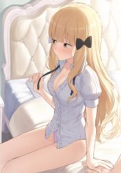 Rule 34 | 1boy, 1girl, bed, black bow, blanket, blonde hair, blunt bangs, blush, bow, breasts, brown eyes, center frills, cleavage, closed mouth, collared shirt, fingernails, frilled shirt, frills, hair bow, highres, holding hands, indoors, long hair, looking away, looking to the side, medium breasts, mikazuchi zeus, no pants, on bed, panties, pillow, princess connect!, purple panties, saren (princess connect!), saren (real) (princess connect!), shirt, short sleeves, sidelocks, sitting, solo focus, thighs, underwear, very long hair, white bow