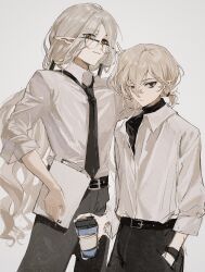 Rule 34 | 2boys, absurdres, bags under eyes, belt, black eyes, black pants, black shirt, brown eyes, business suit, contemporary, cowboy shot, cup, dungeon meshi, earrings, elf, formal, grey hair, hair around ear, hand in pocket, highres, holding, holding cup, jewelry, long hair, long sleeves, looking at viewer, low ponytail, low twintails, lycion, male focus, mithrun, multiple boys, notched ear, pants, pointy ears, semi-rimless eyewear, shirt, short hair, short ponytail, simple background, smile, sona (lnjixn), suit, turtleneck, twintails, wavy hair, white background, white shirt