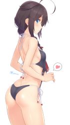 Rule 34 | 1girl, ahoge, alternate costume, ass, backless swimsuit, bare shoulders, black hair, black one-piece swimsuit, blue eyes, blush, braid, breasts, butt crack, closed mouth, clothes pull, commentary request, cowboy shot, dan (kumadan), from side, hair between eyes, hair flaps, hair over shoulder, hair ribbon, halterneck, heart, highres, kantai collection, long hair, looking at viewer, medium breasts, one-piece swimsuit, one-piece swimsuit pull, red neckwear, red ribbon, ribbon, shigure (kancolle), shigure kai ni (kancolle), shoulder blades, side-tie swimsuit, simple background, single braid, skindentation, solo, spoken heart, standing, steam, sweat, swimsuit, tress ribbon, twitter username, wet, white background