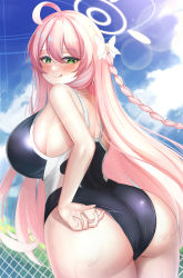 Rule 34 | 1girl, absurdres, ahoge, ass, bare arms, bare shoulders, blue archive, blue sky, bow, braid, breasts, bright pupils, day, from behind, green eyes, hair bow, halo, hanako (blue archive), highres, large breasts, lens flare, licking lips, light smile, long hair, looking at viewer, looking back, minori (user eket5233), naughty face, outdoors, pink hair, school swimsuit, sideboob, sky, solo, swimsuit, tongue, tongue out, very long hair, white bow