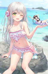 Rule 34 | 2girls, ;d, arms up, bare arms, bare shoulders, bikini, black bikini, black hair, blue sky, breasts, cleavage, cloud, commentary request, day, flower, forced perspective, green eyes, grey hair, hair between eyes, hair flower, hair ornament, hair scrunchie, highres, horizon, innertube, island, long hair, looking at viewer, medium breasts, multiple girls, navel, ocean, one eye closed, one side up, open mouth, original, outdoors, pink flower, ponytail, scrunchie, sky, smile, swim ring, swimsuit, tsuchikure, very long hair, water, white bikini, white scrunchie