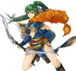 Rule 34 | 1girl, boots, bow (weapon), breasts, brown footwear, dress, earrings, fingerless gloves, fire emblem, fire emblem: the blazing blade, fire emblem heroes, fur scarf, gloves, green eyes, green hair, hair tie, high ponytail, highres, holding, holding bow (weapon), holding weapon, jewelry, kamu (kamuuei), long hair, looking at viewer, lyn (fire emblem), medium breasts, nintendo, pelvic curtain, ponytail, quiver, sash, scarf, side slit, smile, solo, thighs, weapon, wrist guards