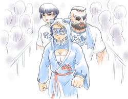 Rule 34 | 1boy, 2girls, animal hood, black hair, blonde hair, blue eyes, breasts, cleavage, cleavage cutout, clenched hands, clothing cutout, crowd, eyebrows, gradient background, hood, mochi-iri kinchaku, mohawk, multiple girls, rainbow mika, robe, shaded face, shirt, solo focus, street fighter, street fighter v, t-shirt, thick eyebrows, towel, towel around neck, wrestling mask, yamato nadeshiko (street fighter), zangief