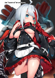 Rule 34 | 1girl, admiral graf spee (azur lane), ahoge, azur lane, black background, black dress, blue eyes, blunt bangs, blush, breasts, character name, cisyo, closed mouth, commentary request, dress, highres, large breasts, long sleeves, looking at viewer, multicolored hair, o-ring, red hair, scarf, silver hair, solo, standing, standing on one leg, streaked hair, torpedo, torpedo launcher, two-tone background, underboob, white background