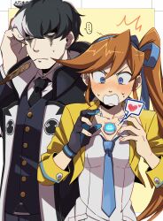 Rule 34 | ..., 1boy, 1girl, ace attorney, athena cykes, black gloves, black hair, blue eyes, blue necktie, blush, collared shirt, crescent, crescent earrings, cropped jacket, earrings, feathers, gloves, hair ribbon, heart, hetero, jacket, jewelry, long hair, looking down, looking to the side, mouth hold, multicolored hair, necklace, necktie, open mouth, orange hair, partially fingerless gloves, ribbon, shirt, short hair, side ponytail, simon blackquill, single earring, single glove, surprised, sweatdrop, two-tone hair, wahootarou, white hair, yellow jacket
