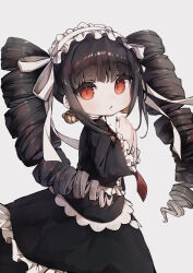 Rule 34 | 1girl, :o, absurdres, black jacket, black skirt, celestia ludenberg, danganronpa: trigger happy havoc, danganronpa (series), drill hair, earrings, feet out of frame, fingernails, frilled jacket, frilled skirt, frills, from side, grey background, grey hair, hands up, headdress, highres, jacket, jewelry, layered skirt, long hair, long sleeves, nail polish, necktie, own hands together, red eyes, red necktie, rucha (dokkanhanabi), sharp fingernails, simple background, skirt, solo, twin drills, twintails