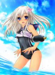 Rule 34 | 10s, 1girl, aoi hiro, blue eyes, blue sky, cowboy shot, day, flower, hair flower, hair ornament, in water, kantai collection, long hair, looking at viewer, ocean, one-piece swimsuit, ro-500 (kancolle), school swimsuit, school uniform, serafuku, silver hair, sky, solo, standing, swimsuit, swimsuit under clothes, tan, tanline, torpedo, wading