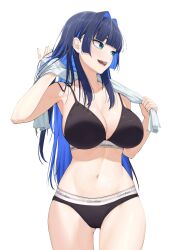 Rule 34 | 1girl, bangom r, black bra, black hair, black panties, blue eyes, blue hair, bra, breasts, calvin klein, cleavage, colored inner hair, cowboy shot, hair intakes, highres, holding, holding towel, hololive, hololive english, large breasts, long hair, looking to the side, multicolored hair, navel, open mouth, ouro kronii, panties, simple background, solo, stomach, towel, towel around neck, two-tone hair, underwear, very long hair, virtual youtuber, white background
