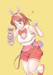 Rule 34 | 1girl, ;), ;p, absurdres, animal ears, animal print, arm warmers, artist name, artist request, bare legs, bare shoulders, blush, bow, bowtie, braid, braided bun, breasts, brown background, buttons, cowboy shot, crescent moon, crescent moon symbol, cropped vest, detached sleeves, exciting animal (love live!), fake animal ears, female focus, floating hair, fur-trimmed shorts, fur trim, green eyes, hair bow, hair bun, hairband, highres, hood, hooded vest, hoodie, looking at viewer, love live!, love live! nijigasaki high school idol club, love live! school idol festival, love live! school idol festival all stars, medium breasts, misma (mismatofuture), misma to future, moon, one eye closed, orange hair, pants, parted lips, pink bow, pink footwear, pink shirt, pink slippers, rabbit ears, rabbit pose, rabbit print, rabbit tail, red bow, red hair, red shorts, shirt, short hair, short pants, short shorts, shorts, side bun, single detached sleeve, single side bun, sleeveless, sleeveless hoodie, slippers, small breasts, smile, solo, star (symbol), striped clothes, striped shirt, suspender shorts, suspenders, tail, tongue, tongue out, uehara ayumu, vest, wavy hair, white hairband, white hoodie, white legwear, white vest, wink, yellow eyes