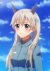 Rule 34 | 1girl, animal ears, anime coloring, bad id, bad pixiv id, blonde hair, blue eyes, blue sky, blush, cloud, cloudy sky, day, dog ears, eila ilmatar juutilainen, fox ears, gradient eyes, long hair, mikomiko (mikomikosu), military, military uniform, multicolored eyes, open mouth, purple eyes, sky, smile, solo, strike witches, uniform, upper body, world witches series