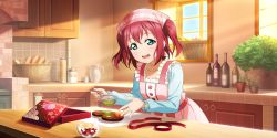 Rule 34 | 1girl, absurdres, apron, aqua eyes, aqua shirt, artist name, artist request, basket, blush, bottle, bread, breasts, buttons, collarbone, female focus, food, frilled apron, frills, green eyes, hair between eyes, highres, holding, indoors, kitchen, kurosawa ruby, long sleeves, looking at viewer, love live!, love live! school idol festival, love live! school idol festival all stars, love live! sunshine!!, parted lips, pink apron, puffy long sleeves, puffy sleeves, red hair, shirt, short hair, small breasts, smile, solo, table, twintails, two side up