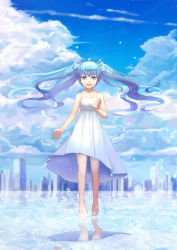 Rule 34 | 1girl, absurdres, aoiakamaou, bad id, bad pixiv id, bare shoulders, barefoot, blue eyes, blue hair, cloud, day, dress, hair ribbon, hatsune miku, highres, long hair, matching hair/eyes, ribbon, sky, smile, solo, twintails, vocaloid, water