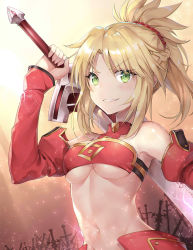 Rule 34 | 1girl, arm up, armor, armpit peek, armpits, bandeau, bare shoulders, blonde hair, braid, breasts, clarent (fate), commentary request, detached collar, detached sleeves, electricity, fate/apocrypha, fate (series), faulds, french braid, green eyes, grin, groin, hair ornament, hair scrunchie, highres, holding, holding sword, holding weapon, light particles, light rays, long sleeves, looking at viewer, medium breasts, medium hair, midriff, mordred (fate), mordred (fate/apocrypha), navel, outdoors, over shoulder, parted bangs, planted, planted sword, planted weapon, ponytail, red bandeau, red scrunchie, scrunchie, sidelocks, smile, smirk, solo, stomach, sunlight, sword, taro (ultrataro), underboob, upper body, v-shaped eyebrows, weapon, weapon over shoulder