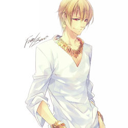 Rule 34 | 1boy, bad id, bad pixiv id, blonde hair, bracelet, casual, copyright name, earrings, fate/stay night, fate/zero, fate (series), gilgamesh (fate), hiramatsu (rama), jewelry, male focus, necklace, official alternate costume, red eyes, short hair, solo