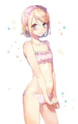 Rule 34 | 1girl, bare arms, bare shoulders, blonde hair, blue eyes, blush, bow, bra, collarbone, embarrassed, frilled bra, frills, hair bow, hair ornament, hair ribbon, hairpin, highres, jam (zamuchi), kagamine rin, lingerie, looking at viewer, midriff, navel, nervous, own hands together, panties, pink bow, pink bra, pink panties, ribbon, short hair, shy, sketch, star (symbol), star hair ornament, underwear, vocaloid