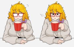 Rule 34 | 1girl, archived source, bad id, bad twitter id, blonde hair, bow, braid, breasts, commentary, cookie (touhou), cup, fogged glasses, glasses, grey sweater, hair bow, kirisame marisa, large breasts, long hair, looking down, mars (cookie), mug, ohasi, open mouth, purple bow, red-framed eyewear, side braid, simple background, single braid, steam, sweater, touhou, upper body, white background